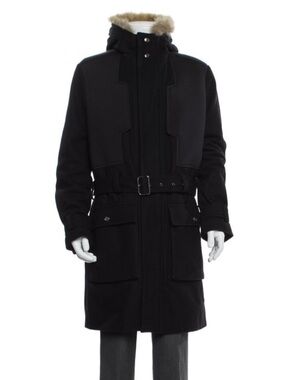 Versace Jeans Collection Black Parka with Fur-Trim Hood and Belt